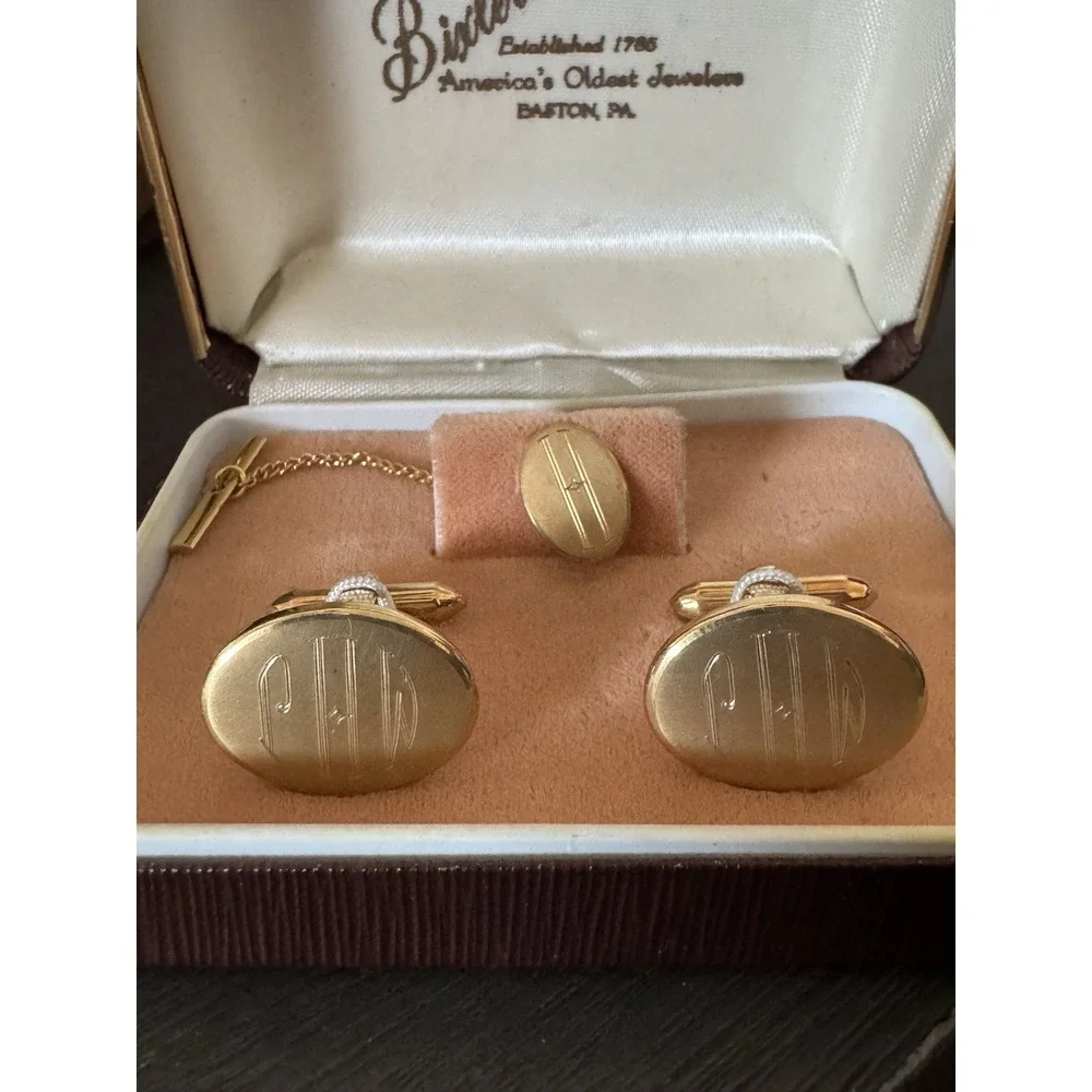 Vintage‎ Cufflinks And Tie Tack Gold Plate Monogram PHW Buckets Easton Pa